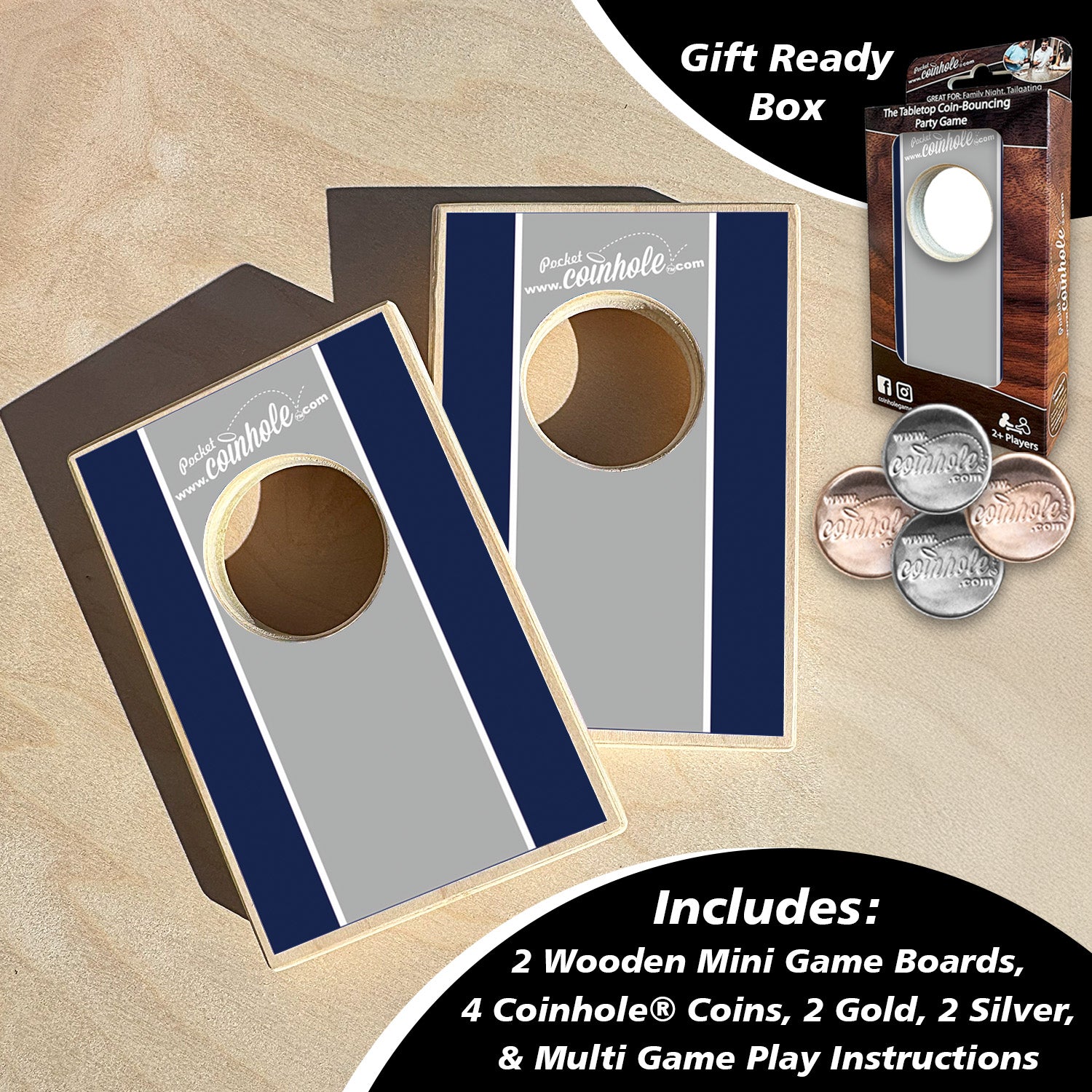 Navy, grey, and white racing stripe Coinhole®