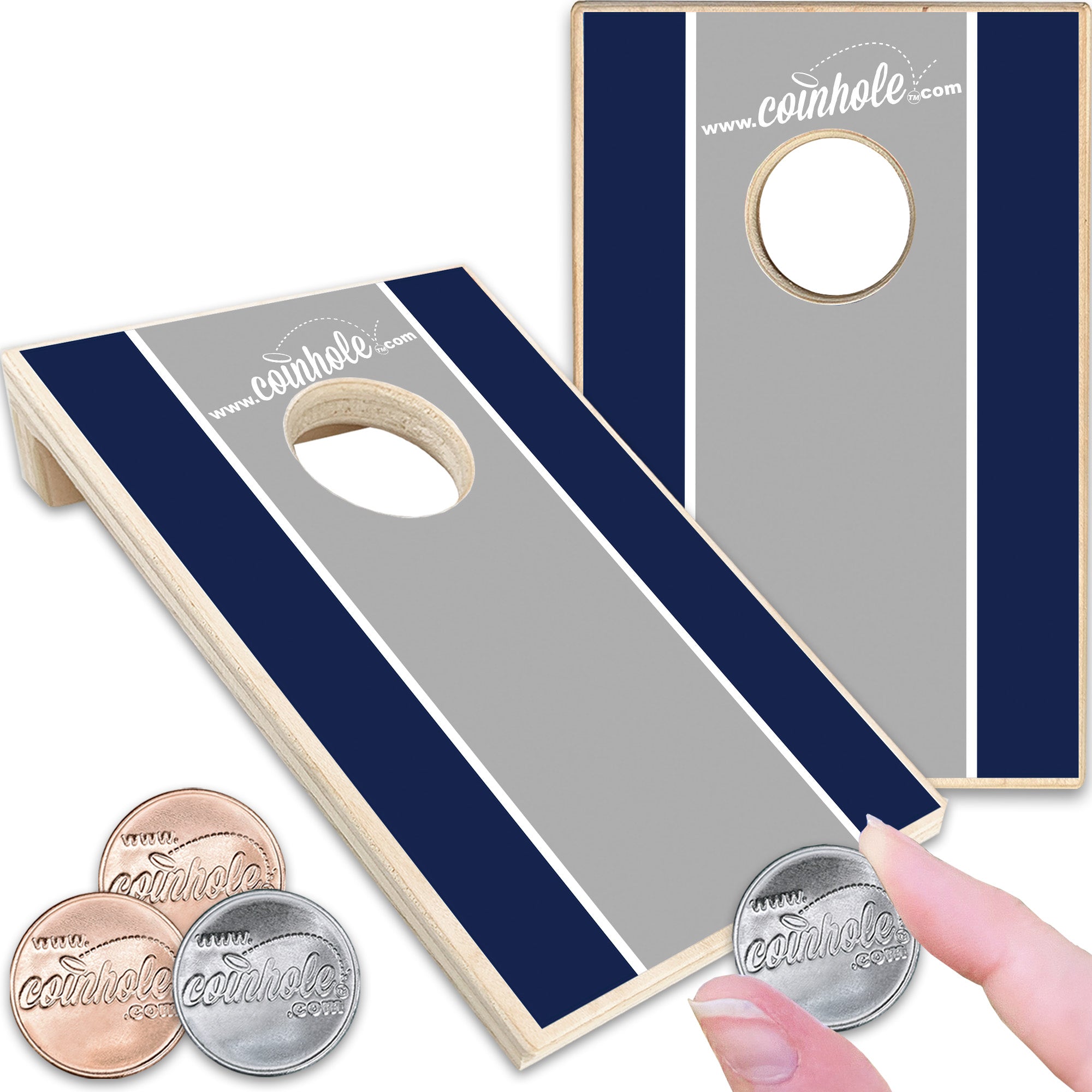 Navy, grey, and white racing stripe Coinhole®