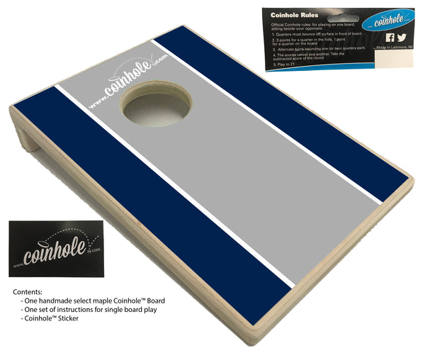 Navy blue, grey, and white racing strip Coinhole™ Board
