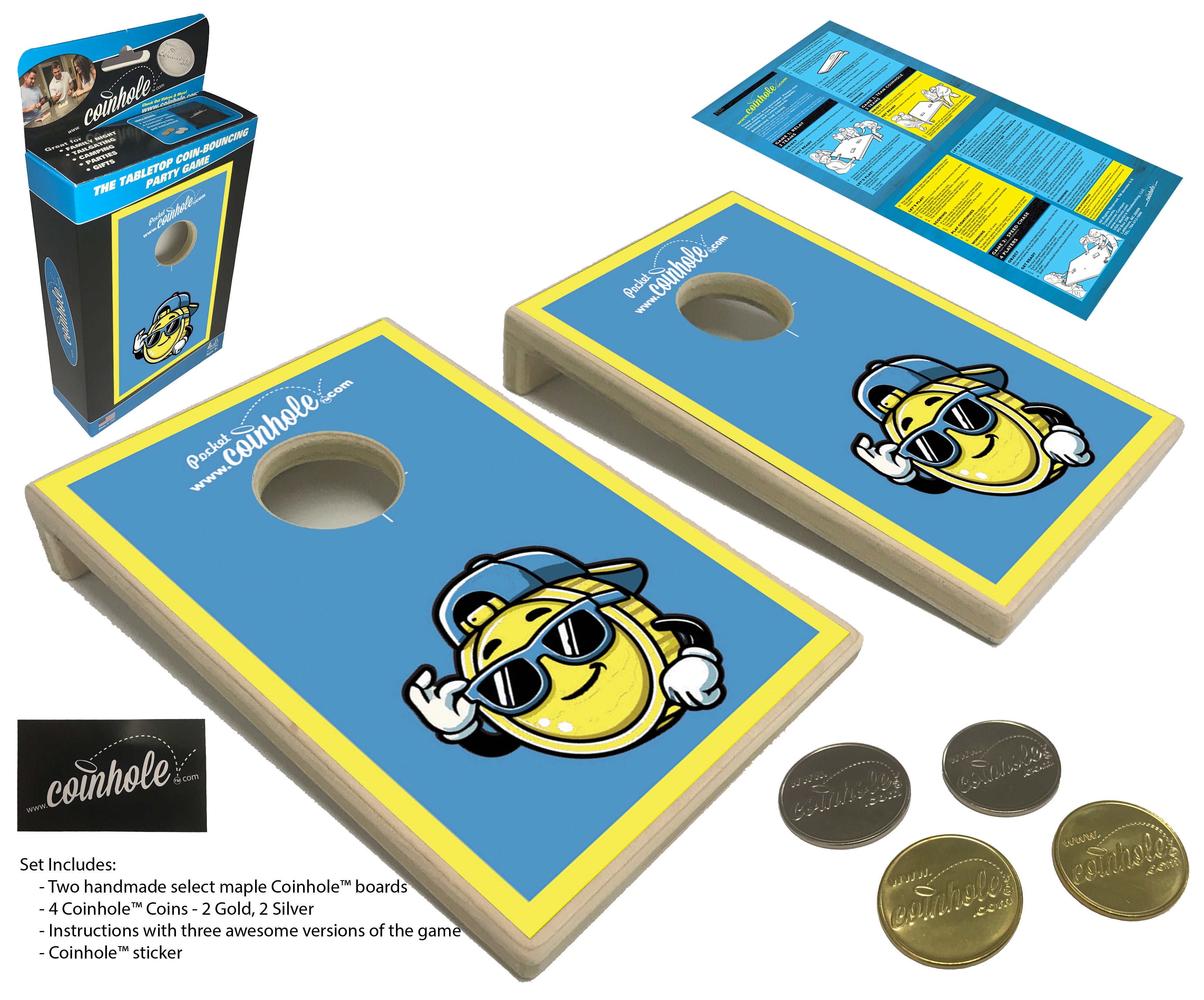 Coinhole® Official Carl Coin Mascot Yellow & Blue - Tabletop Game Set (Closeout)