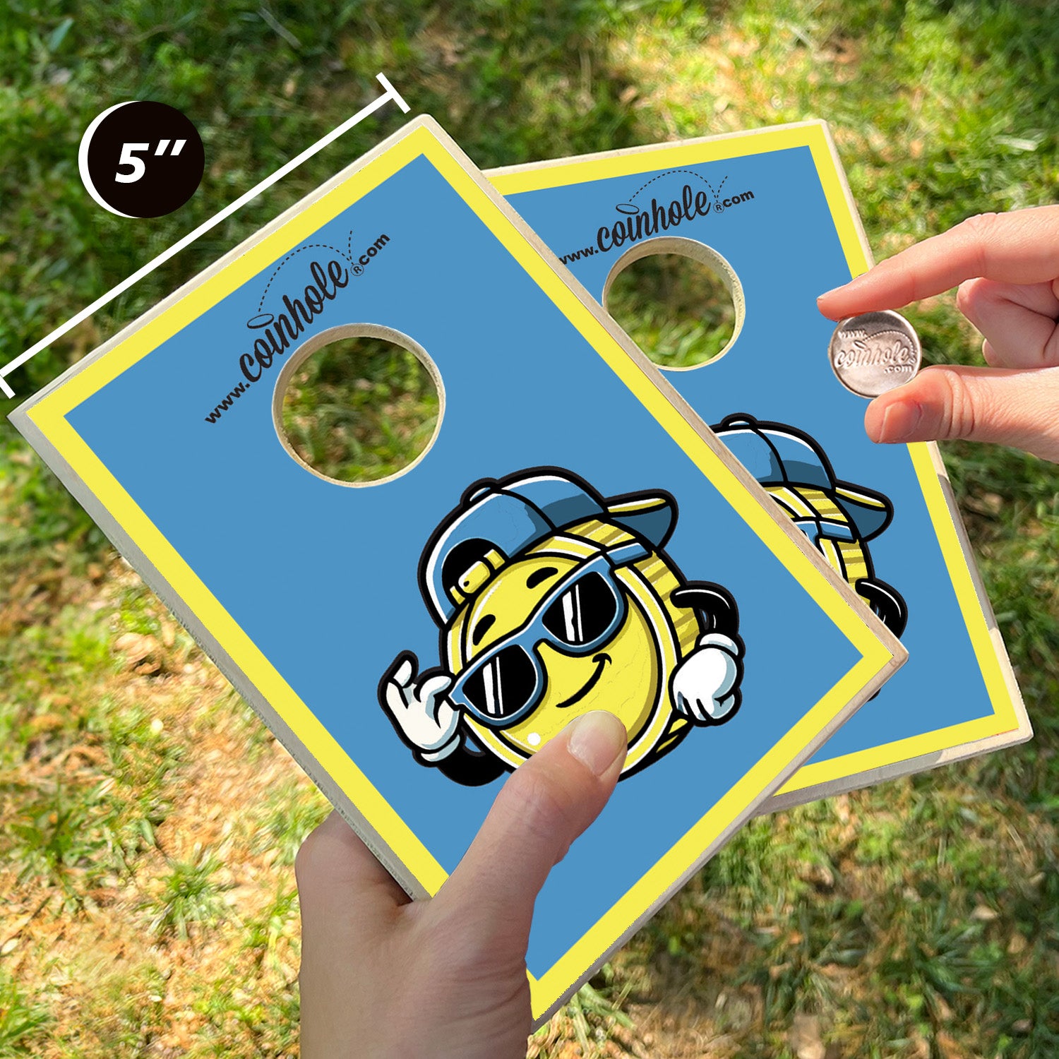 Coinhole® Official Carl Coin Mascot Yellow & Blue - Tabletop Game Set (Closeout)