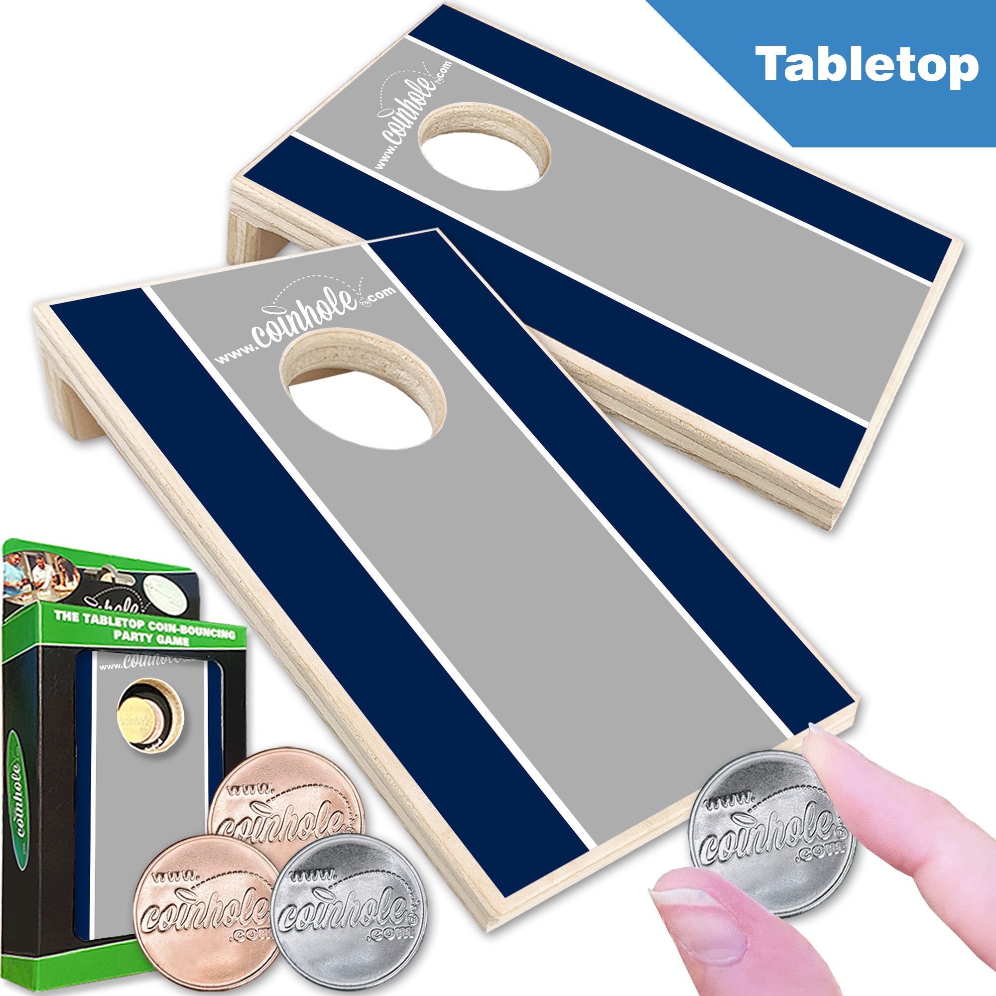 Navy, grey, and white racing stripe Coinhole®