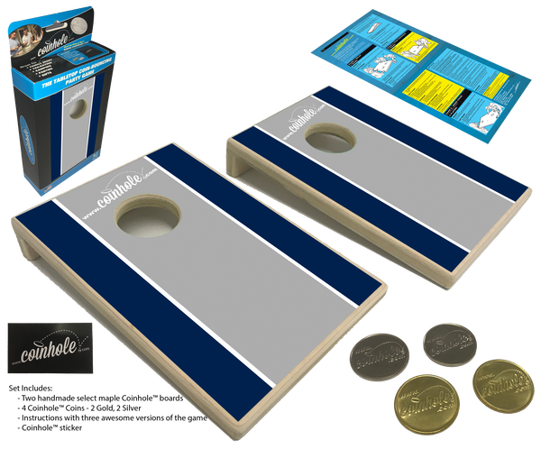 Navy, grey, and white racing stripe Coinhole® Tabletop Game Set