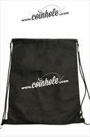 black coinhole board carrying bag with white logo