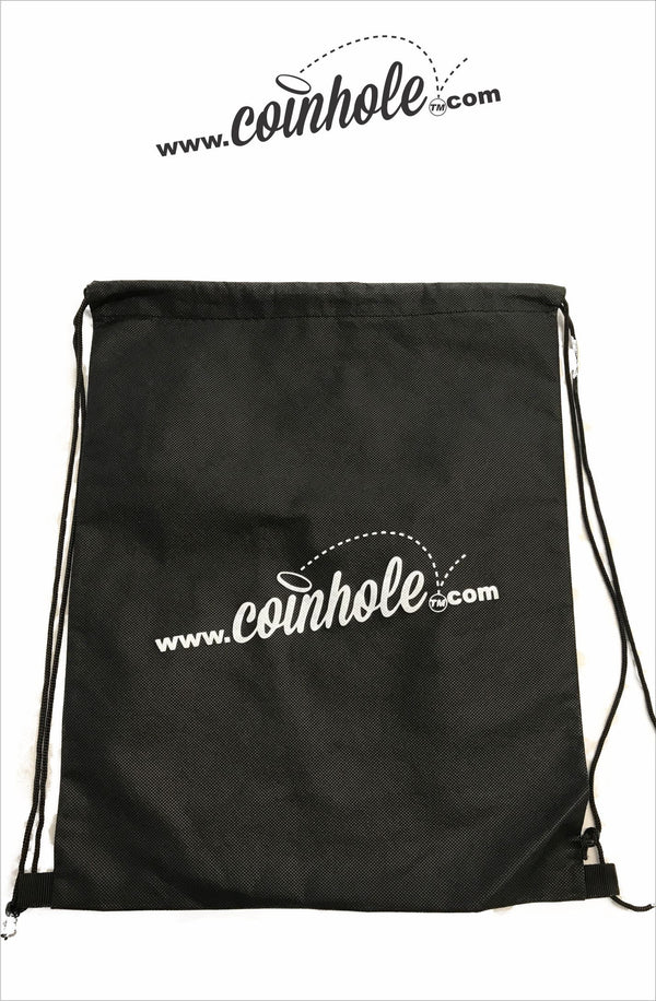 black coinhole board carrying bag with white logo