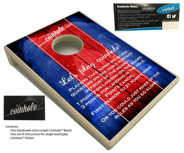 red and blue official coinhole board