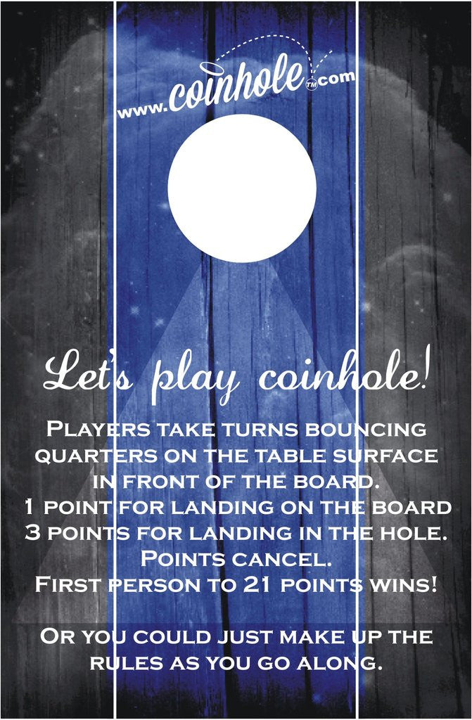 Blue and Black With Rules Official Coinhole Game Board